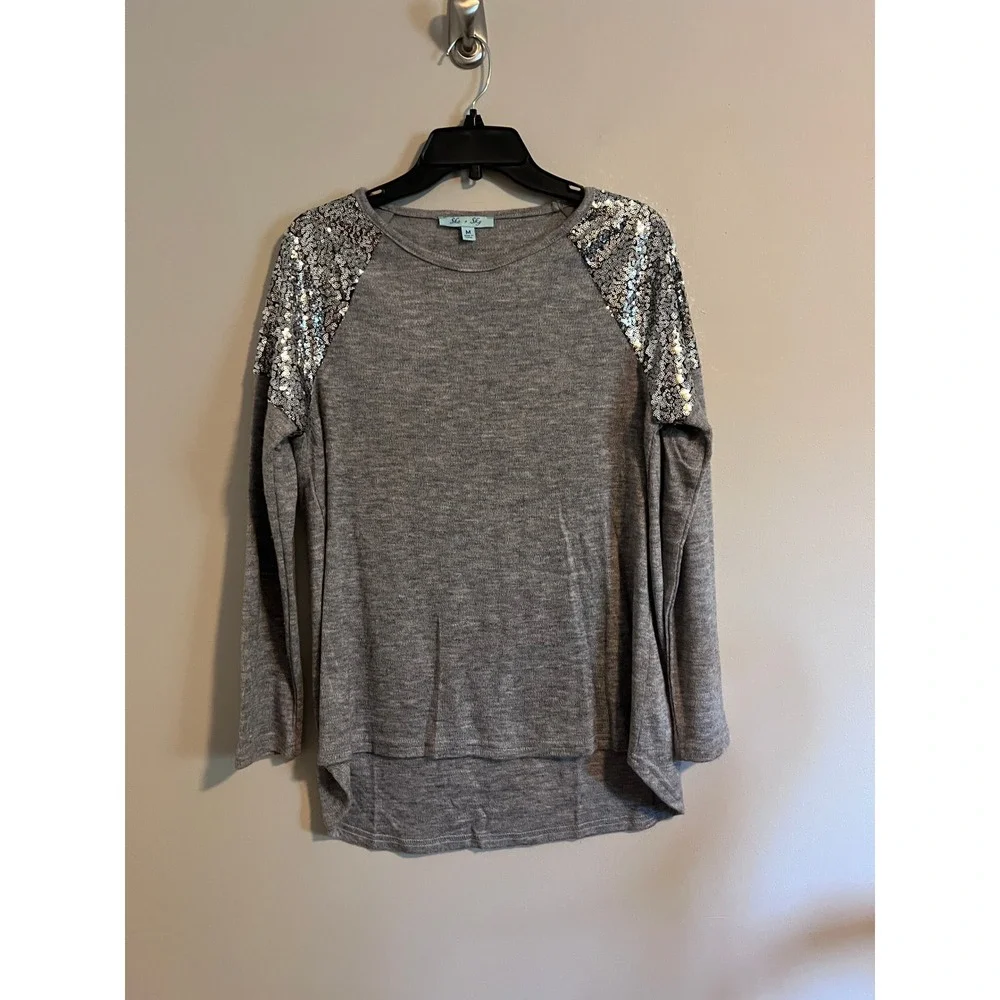 She + Sky Gray Sequin Shoulder Raglan Knit Sweater SL6014RBAG Heather Gray M